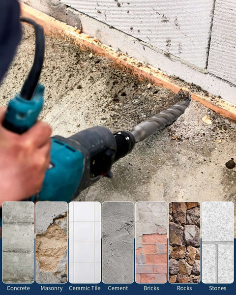 3/8 in SDS Plus rotary hammer drill bit in use on concrete wall; long gray tungsten carbide bit.