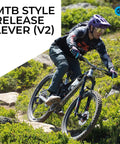 Cyclist on mountain trail using Nine Speed Mech MTB Shifter With Two Piece Pull Lever Up To Three Gears Per Click For Mountain Bikes Non E Bike Gear Shifter That Delivers Smooth Shifts And Crisp Gear Transitions