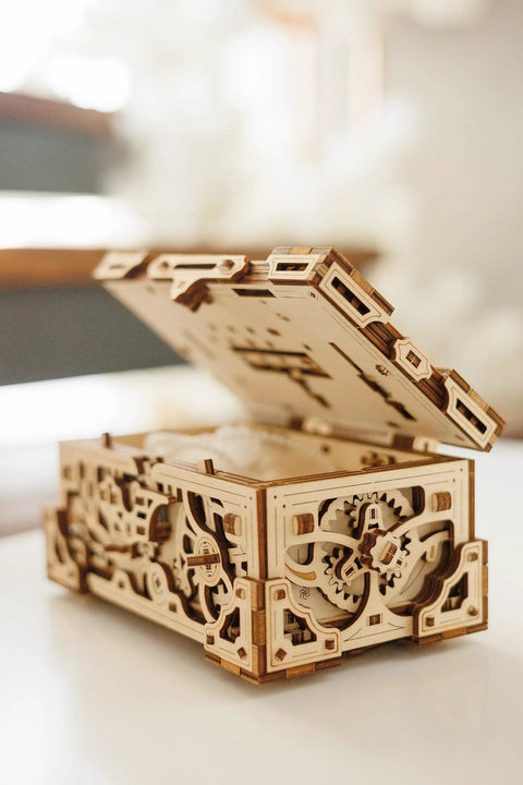 Enigma Chest 3D Wooden Puzzle Box For Adults To Build Natural Wood Escape Room Challenge With 504 Pieces No Glue Required Codes And Secret Locks Stress Relief Brain Teaser open view