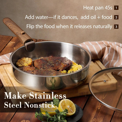 Detachable Handle Stainless Steel Cookware Set for Induction with 19 Piece Tri Ply Full Clad Pots and Pans Oven Safe RV and Camping Friendly Coating Free for Healthier Cooking Pro Grade Sear and Even Heating Woodgrain Finish showing steak cooking