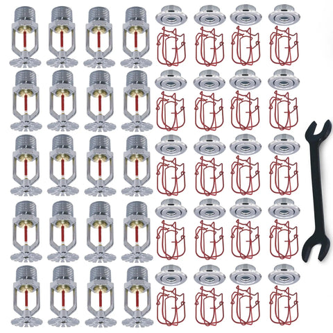 Fire Sprinkler Head Horizontal Pendant Spray Kit 1/2 Inch NPT Automatic Sprinkler With Wrench, Head Guard And Escutcheon Pack Of 20 overview.