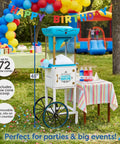 Vintage Cart Shaved Ice Machine Slushie Maker With Stainless Blades in a backyard party setting, 48 inches tall, for summer fun.