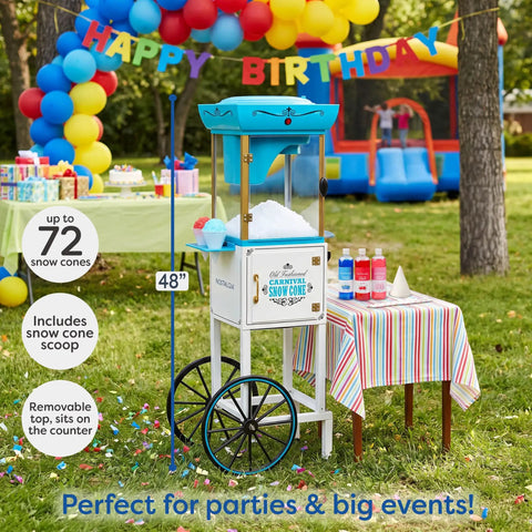 Vintage Cart Shaved Ice Machine Slushie Maker With Stainless Blades in a backyard party setting, 48 inches tall, for summer fun.