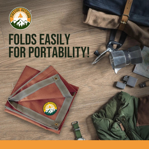 Under Grill Fire Pit Mat For Outdoor Deck And Grass Protection, Portable Ember Mat folded on wooden surface with camping gear