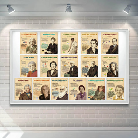 16 Piece Famous Scientists Posters Classroom Set With Retro Science Quotes Inspiring Bulletin Board Decor For Middle And High School Library Hallway Wall Art For STEM Classrooms And Study Corners, displayed on bulletin board.