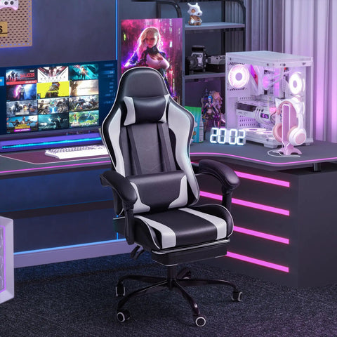 Gaming Chair With Footrest And Massage Lumbar Support, Ergonomic Computer Chair With Height Adjustable, Swivel Seat, And Headrest, White Finish in a gaming setup