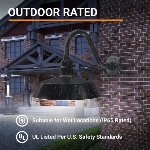 Outdoor Gooseneck Barn Light Satin Black With 14.5 Inch Extension Arm Wall Sconce displayed on brick wall exterior