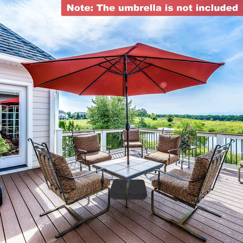 Heavy Duty 200 Lb Umbrella Base With Two Sandbags For Market Patio And Poolside Use, Adjustable Knobs, All Weather Cover, Fits Poles Up To 1.9 Inches, Large Outdoor Stand For Patio Tables And Umbrellas on a deck with red umbrella