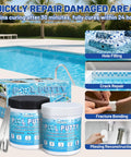 Heavy Duty Two Part Epoxy Pool Putty For Swimming Pool Leaks And Cracks Waterproof Sealant displayed with repair kit and pool.