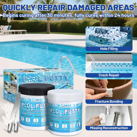Heavy Duty Two Part Epoxy Pool Putty For Swimming Pool Leaks And Cracks Waterproof Sealant displayed with repair kit and pool.