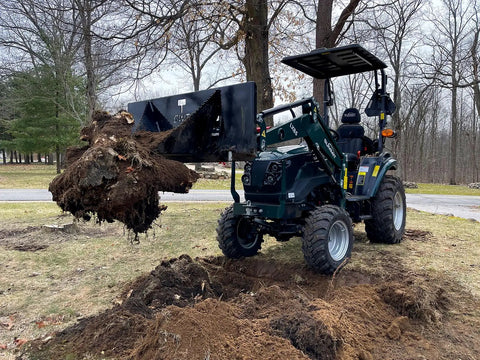 Tractor using Beefy Stump Bucket For Tractors 32 To 60 HP Front End Loader Attachment With Real Leverage And Heavy Duty Durability.