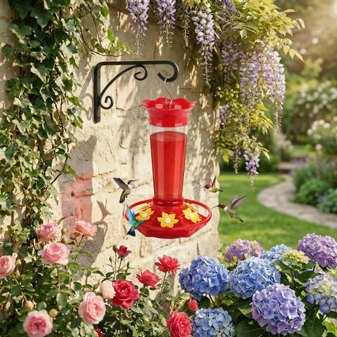 2 Pack 10oz Plastic Hummingbird Feeder with Ant and Bee Proof Design hanging in a garden with colorful flowers.