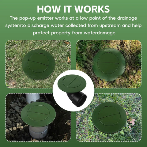 Pop Up Drainage Emitter With Elbow For 3 Inch Outlet installed in yard showing green cover and pipe connection to sewer.