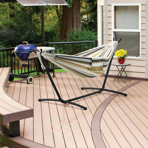 Double Hammock With Stand For Two People, Portable Indoor Outdoor Hammock Set, 450 Lb Capacity, Includes Storage Bag And Carrying Bag, Desert Stripe