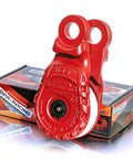 Red 10 Ton Snatch Block With Easy Grip Handle For Offroad Recovery, displayed on packaging, fits 3/4 D-Rings, steel construction.
