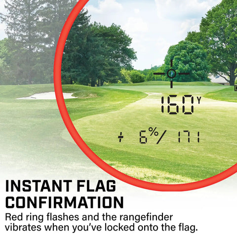 Game Ready Tour V6 Shift Rangefinder With Slope Compensation displaying 160 yards and slope reading on golf course.