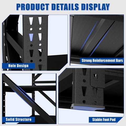 Hella Tough Heavy Duty Garage Shelving Rack With Cold Rolled Steel Frame showing hole design, strong reinforcement bars, solid structure, and stable foot pad.