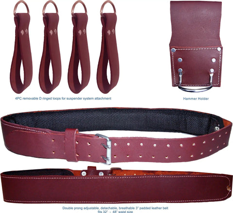 Built Tough Full Grain Leather Pro Grade Framer Tool Rig with 4 D-ring loops, hammer holder, and adjustable padded belt