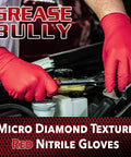Top Shelf Red Nitrile Work Gloves 7 Mil Thick Box Of 100 Powder Free Latex Free Textured Palm Secure Grip For Mechanics And Auto Shops Commercial Grade Badass Strength Large Fit, red gloves gripping a wrench.