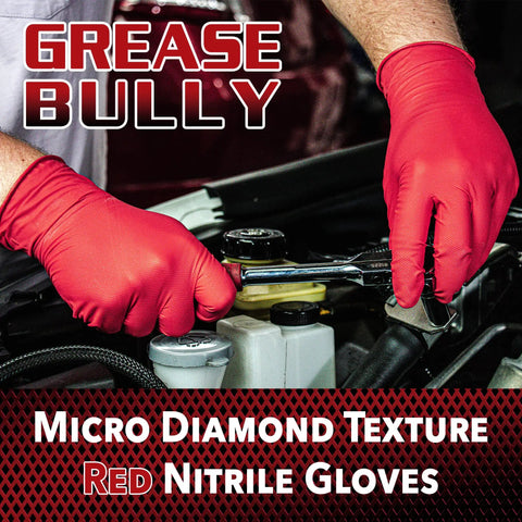 Top Shelf Red Nitrile Work Gloves 7 Mil Thick Box Of 100 Powder Free Latex Free Textured Palm Secure Grip For Mechanics And Auto Shops Commercial Grade Badass Strength Large Fit, red gloves gripping a wrench.
