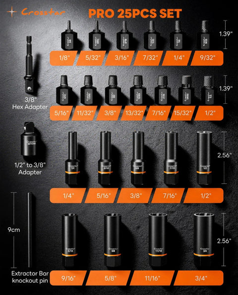 Image of 25 Piece Bolt Extractor Kit With Beast Bite No Slip, 3/8 Inch Drive Screw And Nut Remover Set displayed on a black surface.