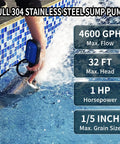 Beastly 304 Stainless Submersible Sump Pump With Float Switch 1HP 4600GPH in pool, max flow 4600 GPH, 32 ft max head