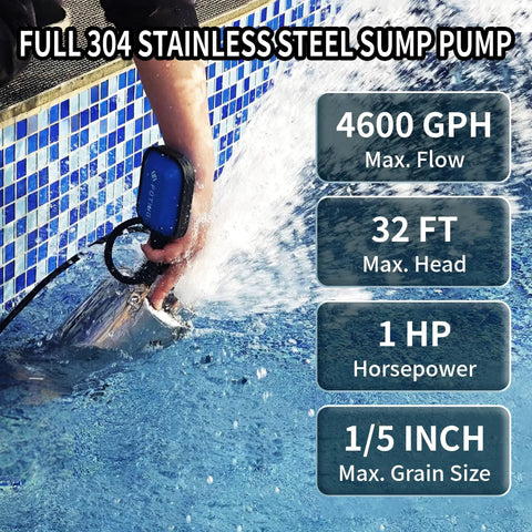 Beastly 304 Stainless Submersible Sump Pump With Float Switch 1HP 4600GPH in pool, max flow 4600 GPH, 32 ft max head