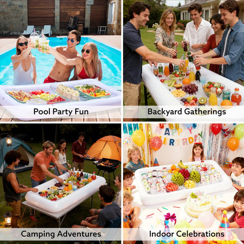 Three Pack Inflatable Serving Bars Cooler Set With Drain Plug Large 51.5 By 24.5 Inch Ice Buffet Trays for Beach Pool Luau