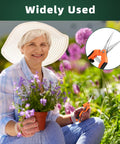 Woman using Three Pack Garden Pruning Shears Set With Stainless Steel Blades for yard work with purple flowers