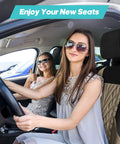 Women sitting in car with Universal Car Seat Covers Full Set Premium Cloth Beige For SUV And Sedan, Low Back Front Seats