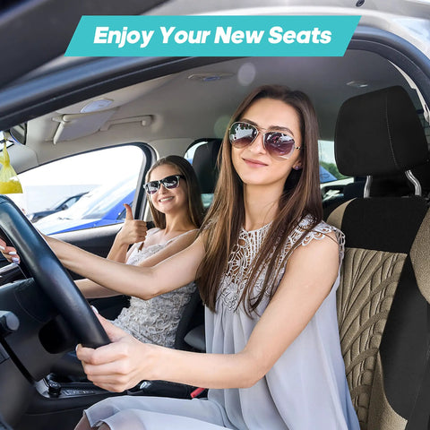 Women sitting in car with Universal Car Seat Covers Full Set Premium Cloth Beige For SUV And Sedan, Low Back Front Seats