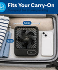 Slick Portable Cruise Fan With Tight Grip Magnetic Mount For Cabin Walls Or Ceiling, 4000 Mah Battery, Usb Rechargeable, Five Adjustable Speeds, Smart Timer And Clean White Noise in carry-on bag with dimensions.