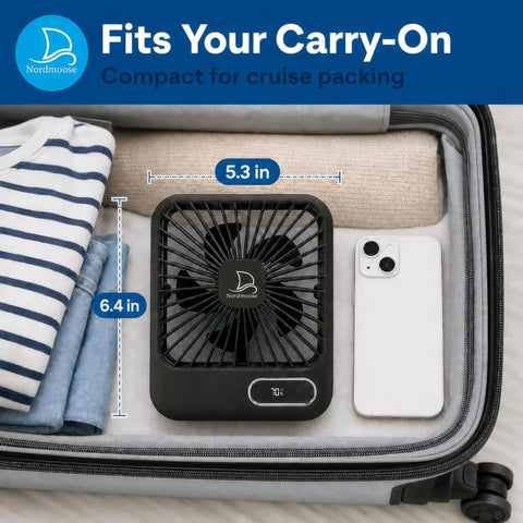 Slick Portable Cruise Fan With Tight Grip Magnetic Mount For Cabin Walls Or Ceiling, 4000 Mah Battery, Usb Rechargeable, Five Adjustable Speeds, Smart Timer And Clean White Noise in carry-on bag with dimensions.
