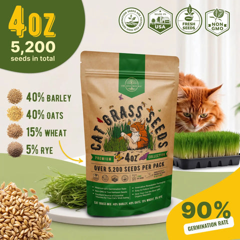 Cat Grass Seed Mix For Indoor Cats And Pets With 5200 Non GMO Heirloom Seeds In A 4 Oz Pack To Grow Fresh Barley Oats Rye And Wheat Grass For Hairball Relief No Fuss Indoor Planting