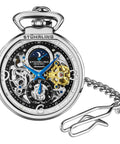 Automatic Skeleton Pocket Watch For Men With Stainless Steel Chain Dual Time AM PM Sun Moon Subdial And Mechanical Movement