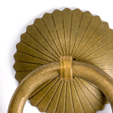 Close-up of solid brass ring pull with radial washer inscribed with straight lines, part of Solid Brass Ring Pulls Set Of 2 For Drawers And Cabinets.