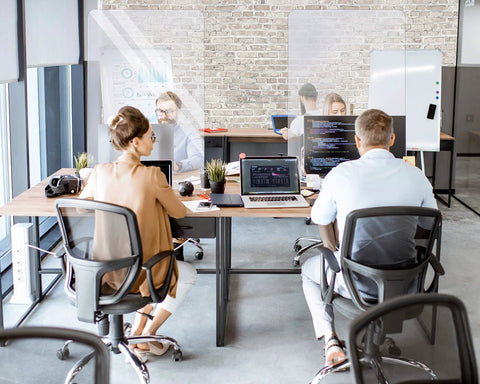 Office setup with Heavy Duty Acrylic Desk Sneeze Guard 24 By 36 Inches Tabletop Shield With Transaction Window Clear Protective Barrier