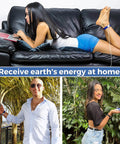 People using EMF Shield Grounding Kit with 2 cords and 2 wrist straps, connecting to nature and home electronics.