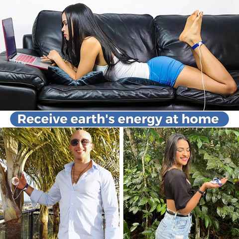 People using EMF Shield Grounding Kit with 2 cords and 2 wrist straps, connecting to nature and home electronics.