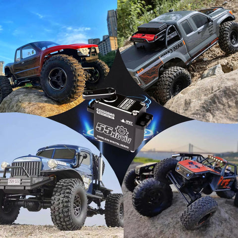 55Kg Coreless Digital Servo With Waterproof Design, 8.4V High Torque Metal Gear for RC Crawler, Boat, Truck and Robot, shown in off-road RC vehicles