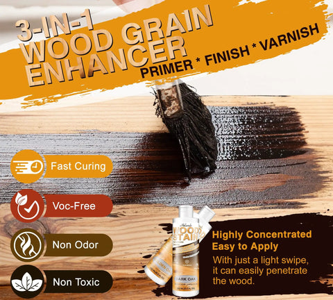 3-in-1 wood grain enhancer being applied to wood with a brush, showcasing premium finish, non-toxic formula, deep color.