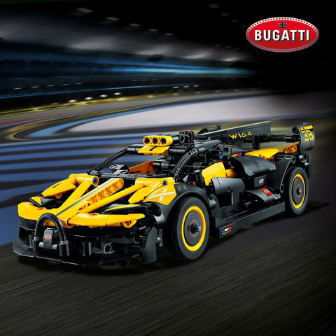 LEGO Technic Bugatti Bolide Racing Car Building Set For Kids And Teens A Totally Cool Engineering Toy Back To School Gift Collectible Sports Car Construction Kit Ages 9 Plus 42151 on a race track background
