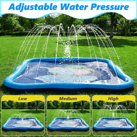 Backyard Splash Pad Sprinkler For Kids And Dogs With An 85 Inch Thickened Square Play Mat Built For Toddlers Aged One To Three Epic Water Fun Outdoor Pool Party Toy with adjustable water pressure settings in a grassy yard.