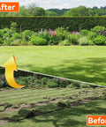 77 Inch Adjustable Bow Rake With Metal Head And 1.1 Inch Thick Stainless Steel Handle Built For Heavy Duty Yard Work Soil Loosening Leaf Gathering Lawn Leveling And Yard Management showing before and after lawn improvement