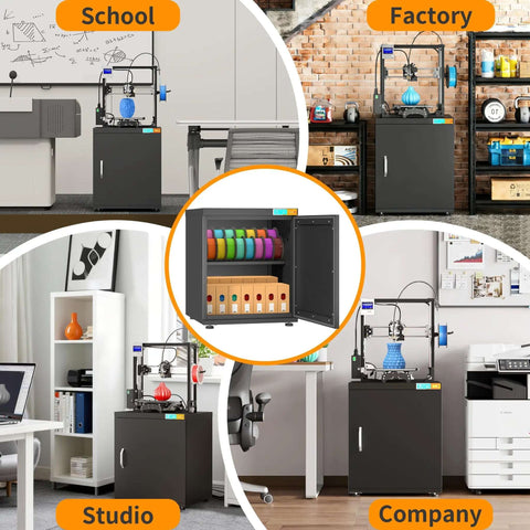 Dehumidifying 3D Printer Cabinet With 180L Storage in school, factory, studio, and company settings, showcasing versatility and protection.