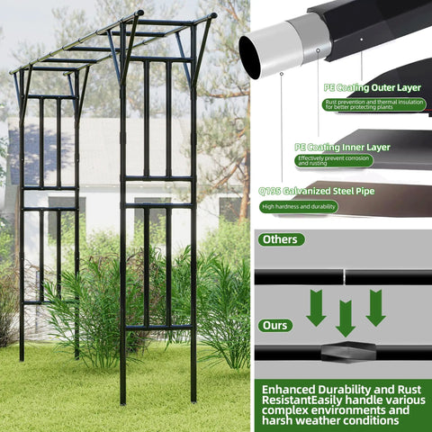 Flat Top Garden Arch Trellis Pergola For Climbing Plants Heavy Duty Sturdy Metal Arbor in garden with material details