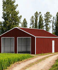 Straight Up 45X25 Ft Steel Barn Built With Heavy 14 Gauge Beams And Plenty Of Headroom For Rigs Trucks And Tonage Gear This Double Car Garage Shed in a rural setting with a dirt road.