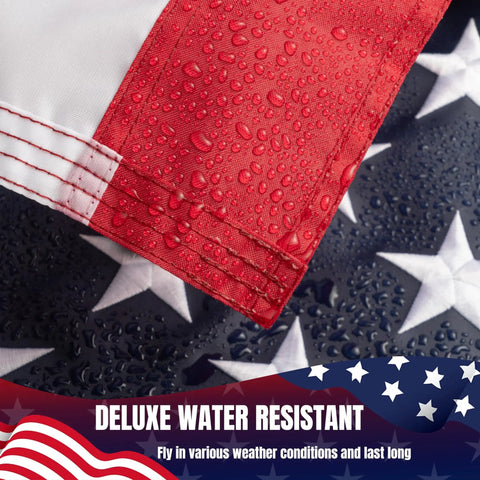 Close-up of 3x5 outdoor US flag in rain, embroidered stars, sewn stripes, Ultra Durable 3x5 Outdoor US Flag Made From Nylon With Embroidered Stars