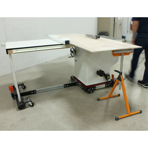 Heavy Duty T Extension Mobile Base Upgrade For Your Dream Workshop Setup Adjustable Table Saw Fence Support with plywood and mobile base.