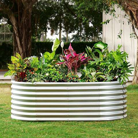 24 Inch Tall Galvanized Raised Garden Bed Kit For Outdoor Veggie Garden, Oval Metal Planter Boxes, 4 By 2 By 2 Feet, Classic Silver